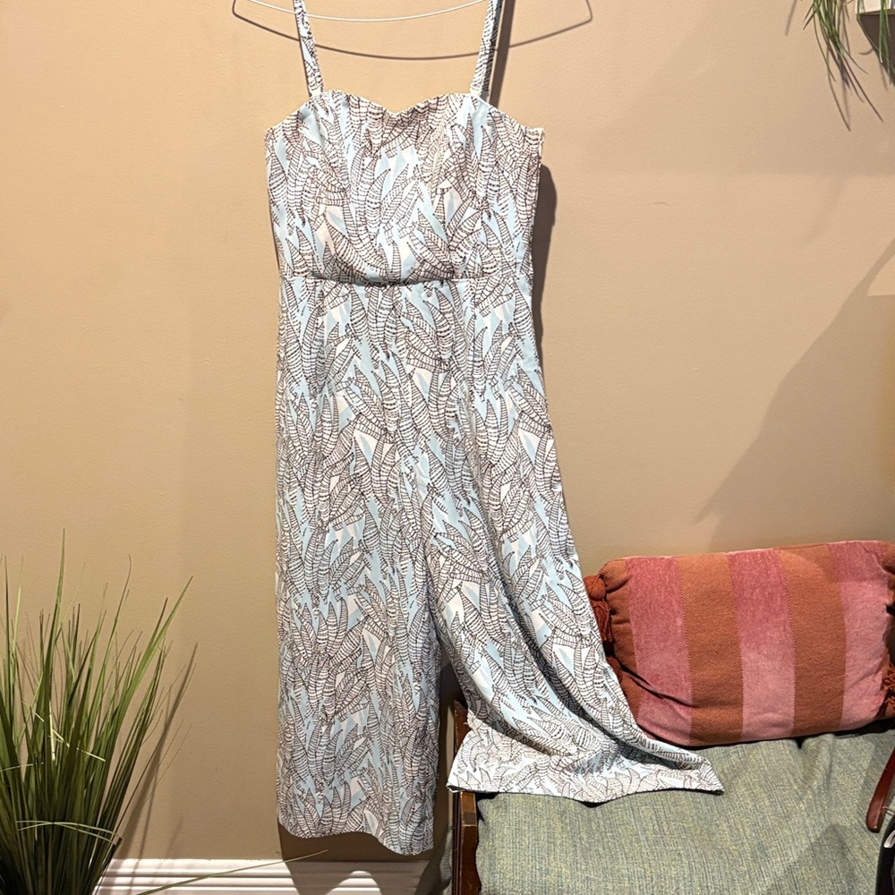 H&M Light Blue and Brown Leaf Print Jumpsuit